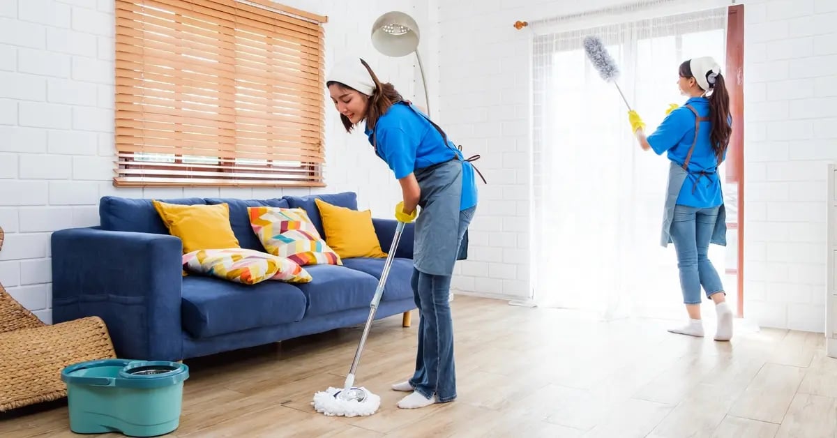Two members of cleaning team cleaning home